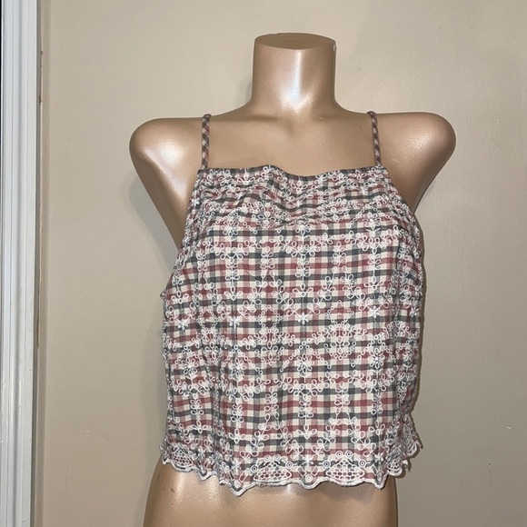 American Eagle womens shirt XL top crop plaid gingham embroider cream red AEO - Picture 2 of 9